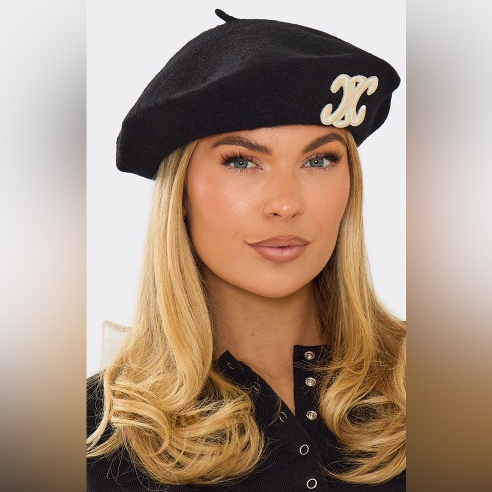 Celine Black Beret with Cream Accent hat